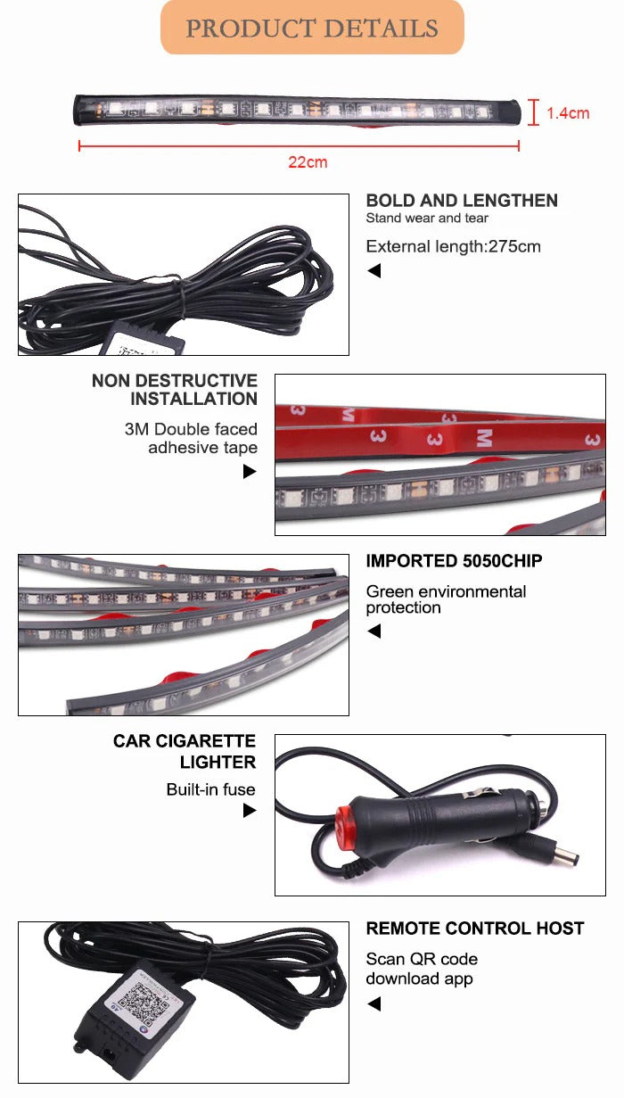 Bluetooth RGB Car Interior Atmosphere Light Kit - Flexible Strip & Phone App Controlled LED Neon Accent