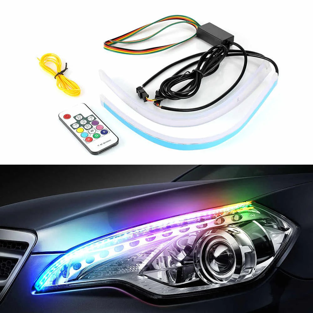 Universal Flowing RGB LED Headlight Strip - Flexible DRL & Turn Signal (60cm, Pair) with Remote