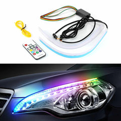 Universal Flowing RGB LED Headlight Strip - Flexible DRL & Turn Signal (60cm, Pair) with Remote